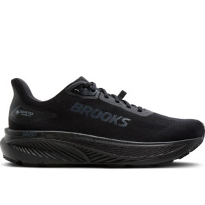 Brooks Ghost 18 GTX W löparskor för dam i helsvart utförande, visad från sidan mot vit bakgrund.